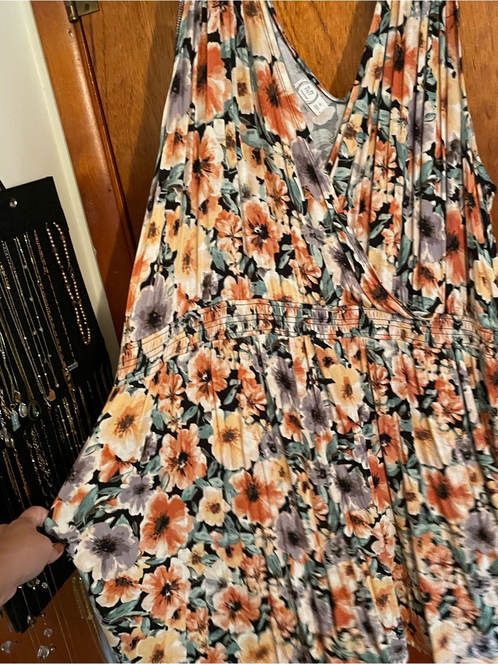 Maurices Floral Sleeveless Wrap Romper in Peach & Lavender with pockets